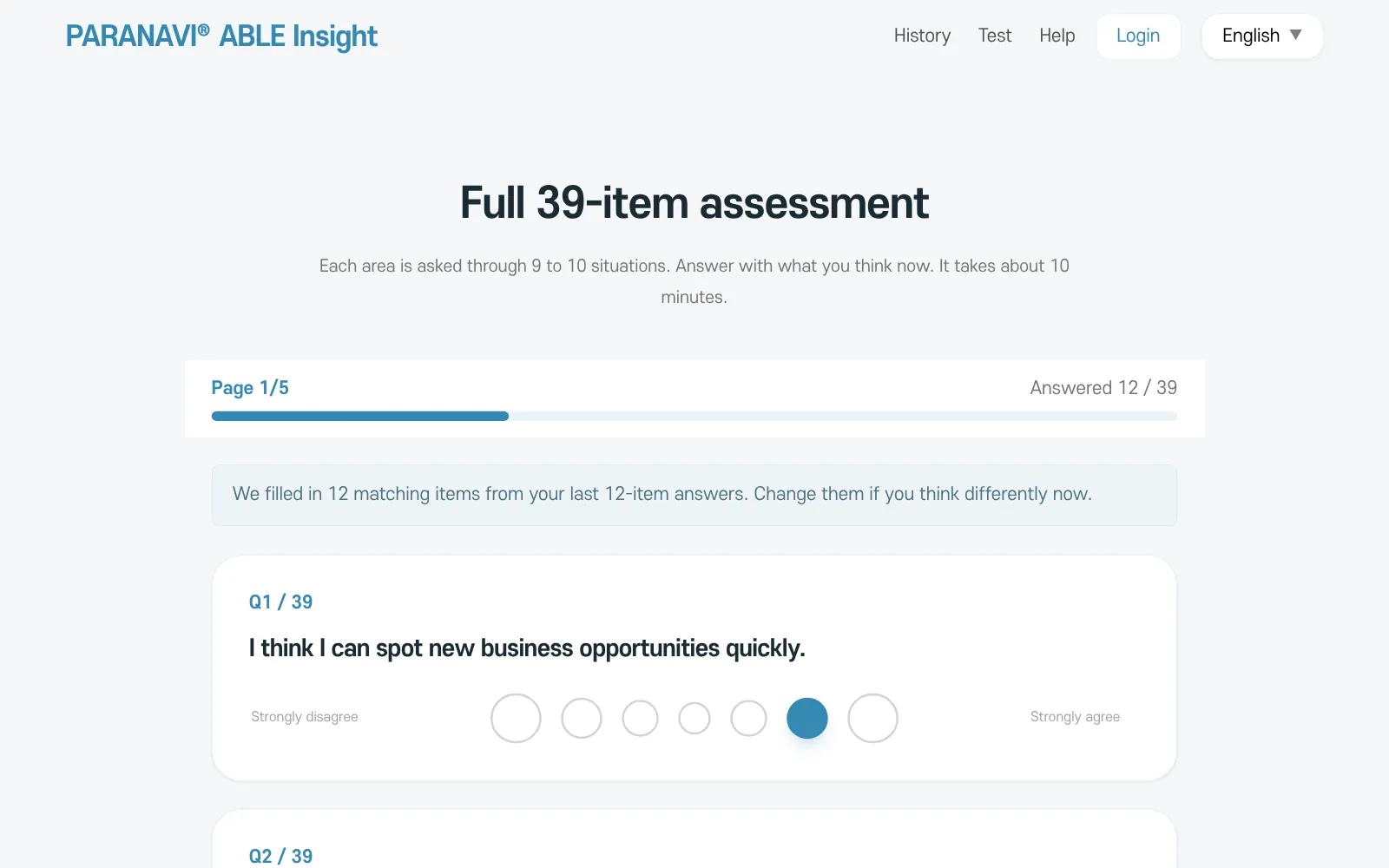 Full 39-item assessment screen. Page 1/5, the answer count, and the Save draft button