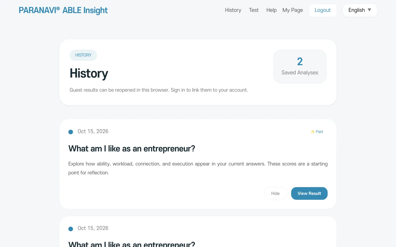 History screen. Result cards with Hide and View Result buttons