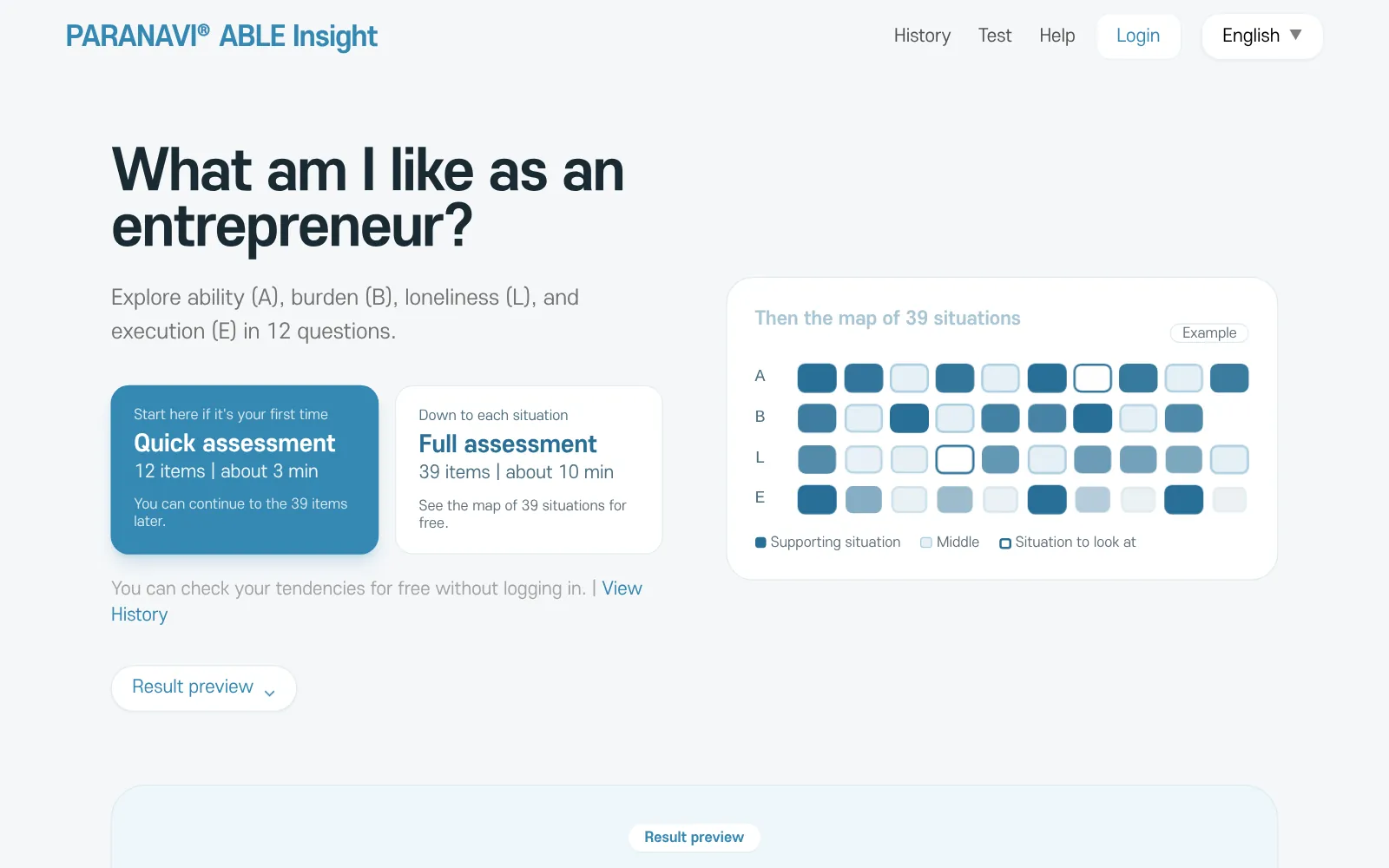 ABLE Insight home screen. Quick assessment and Full assessment cards, with an example picture going from 12 items to 39 situations