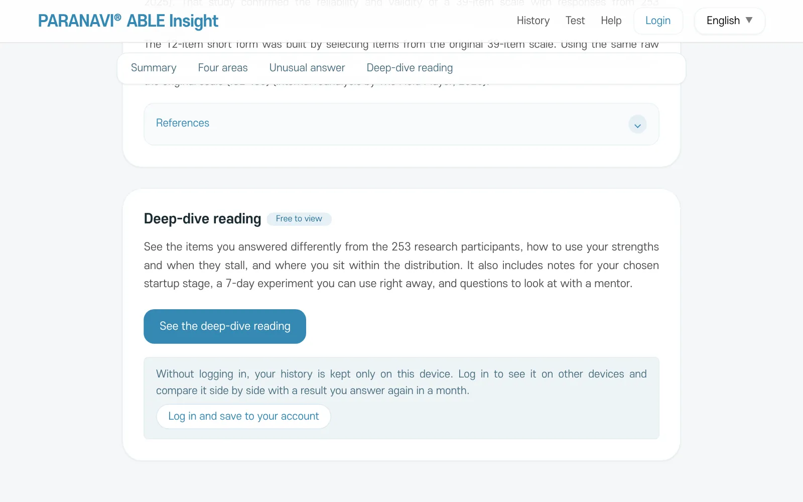 Deep-dive reading section below the result. The See the deep-dive reading button and Log in and save to your account