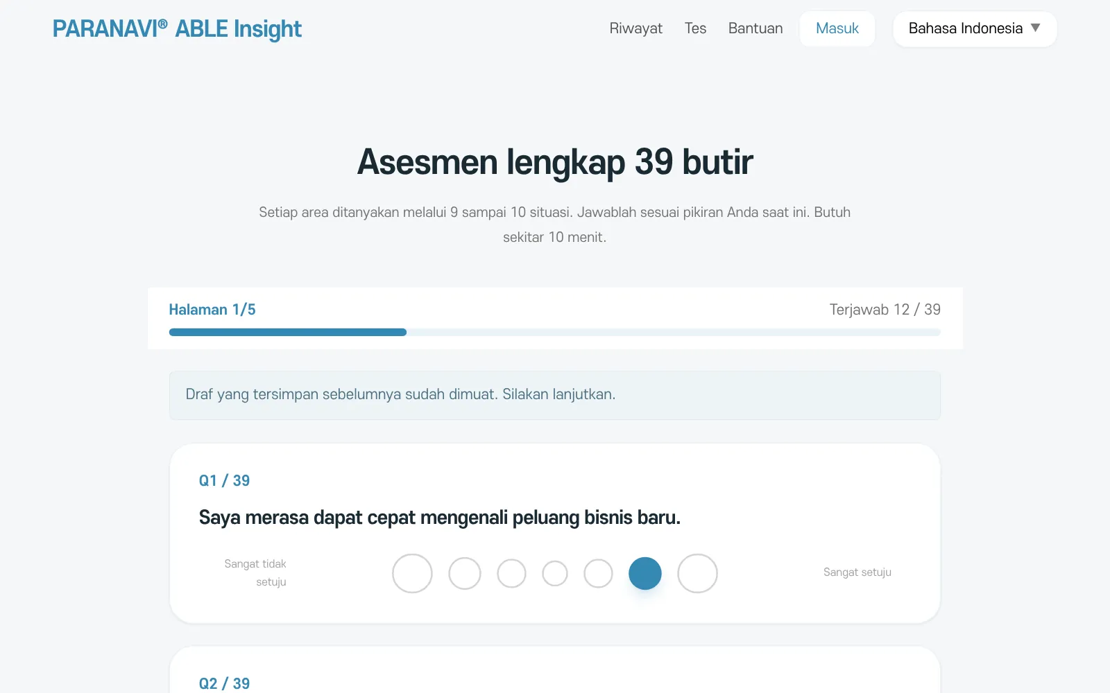 Layar asesmen lengkap 39 butir. Halaman 1/5, jumlah jawaban, dan tombol Simpan sementara