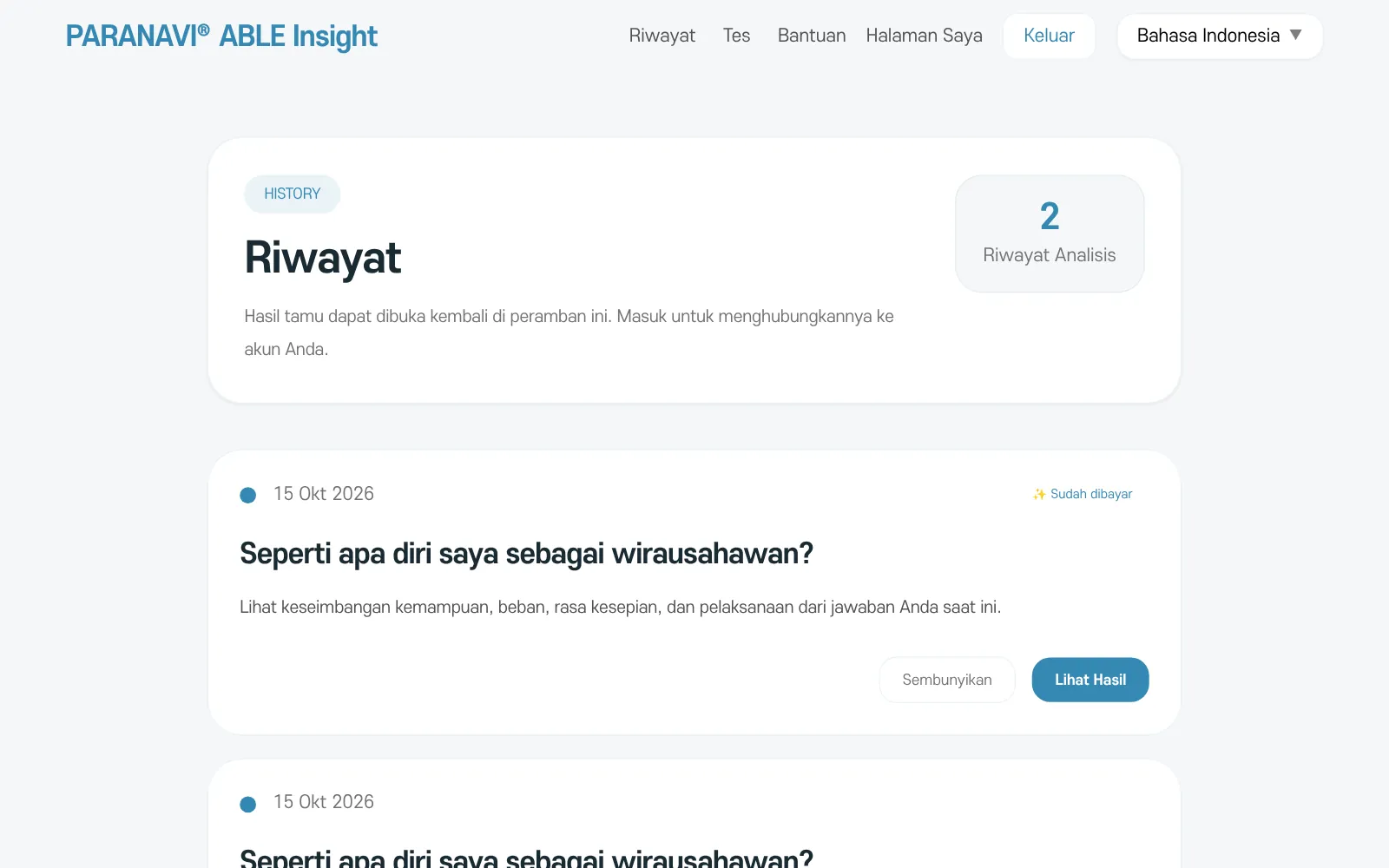 Layar Riwayat. Kartu hasil dengan tombol Sembunyikan dan Lihat Hasil