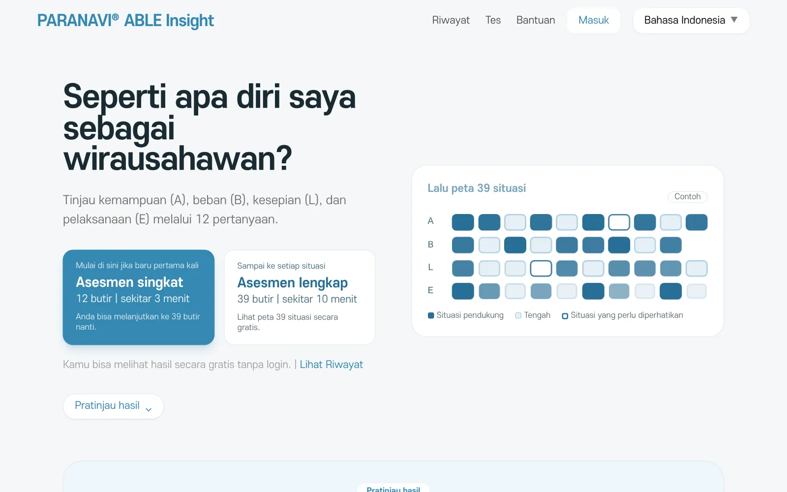 Layar awal ABLE Insight. Kartu Asesmen singkat dan Asesmen lengkap, serta gambar contoh dari 12 butir ke 39 situasi
