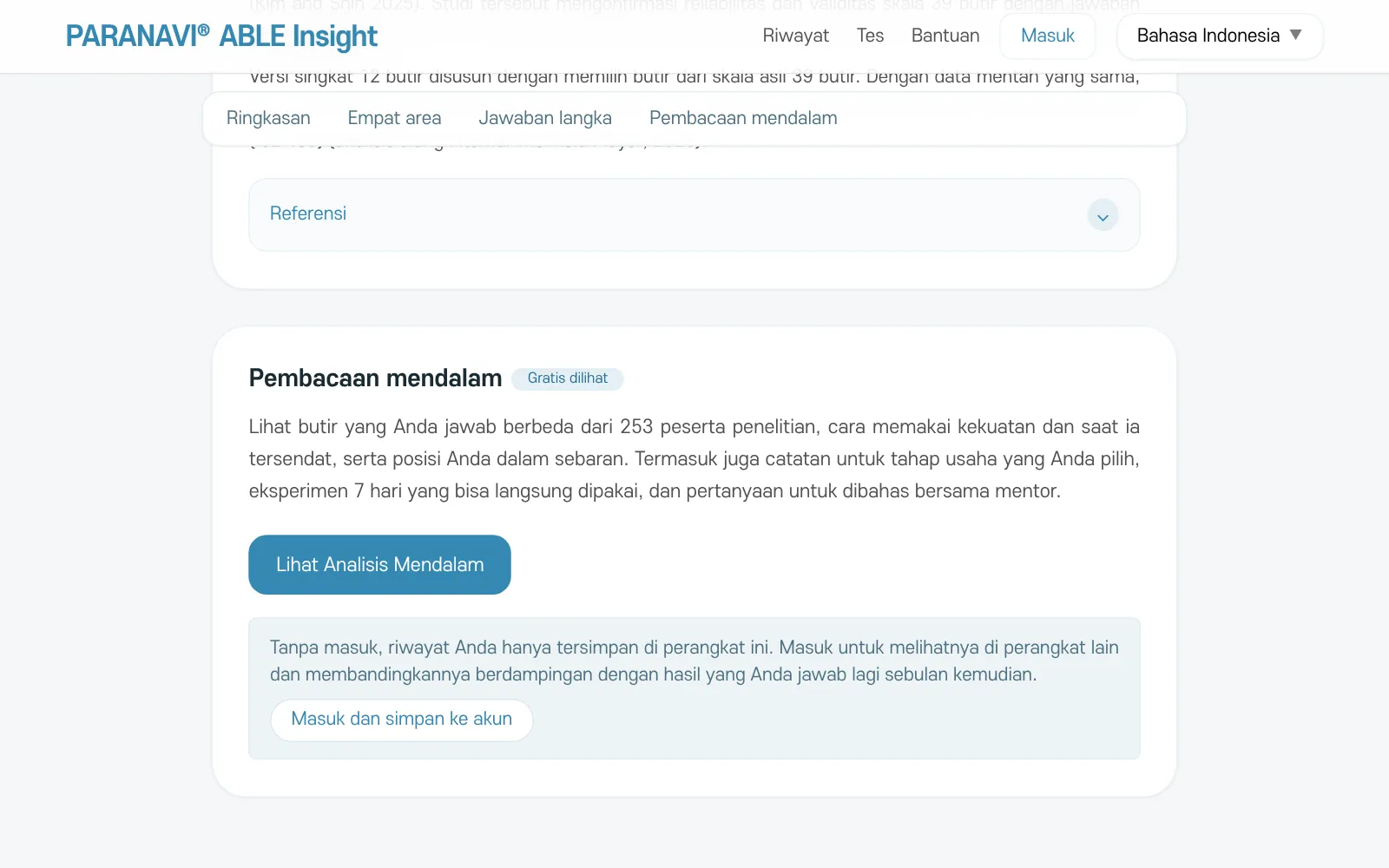 Bagian Analisis Mendalam di bawah hasil. Tombol Lihat Analisis Mendalam dan Masuk dan simpan ke akun