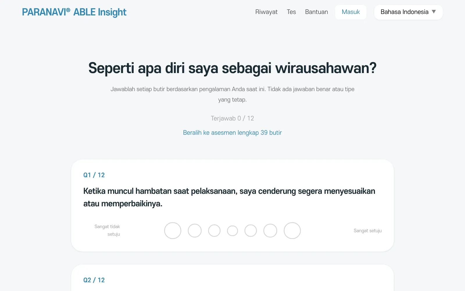 Layar tes. Di bagian atas ada jumlah jawaban dan Beralih ke asesmen lengkap 39 butir, dan tiap butir punya tujuh lingkaran dari Sangat tidak setuju sampai Sangat setuju