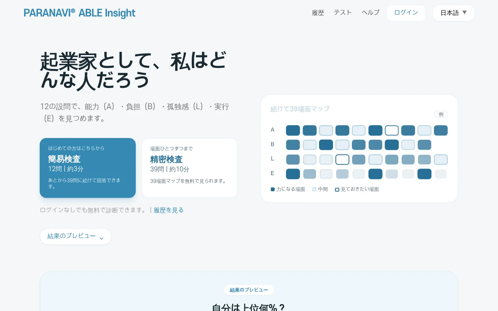ABLE Insightのトップ画面。簡易検査と精密検査のカード、12問から39場面へつながる例の図