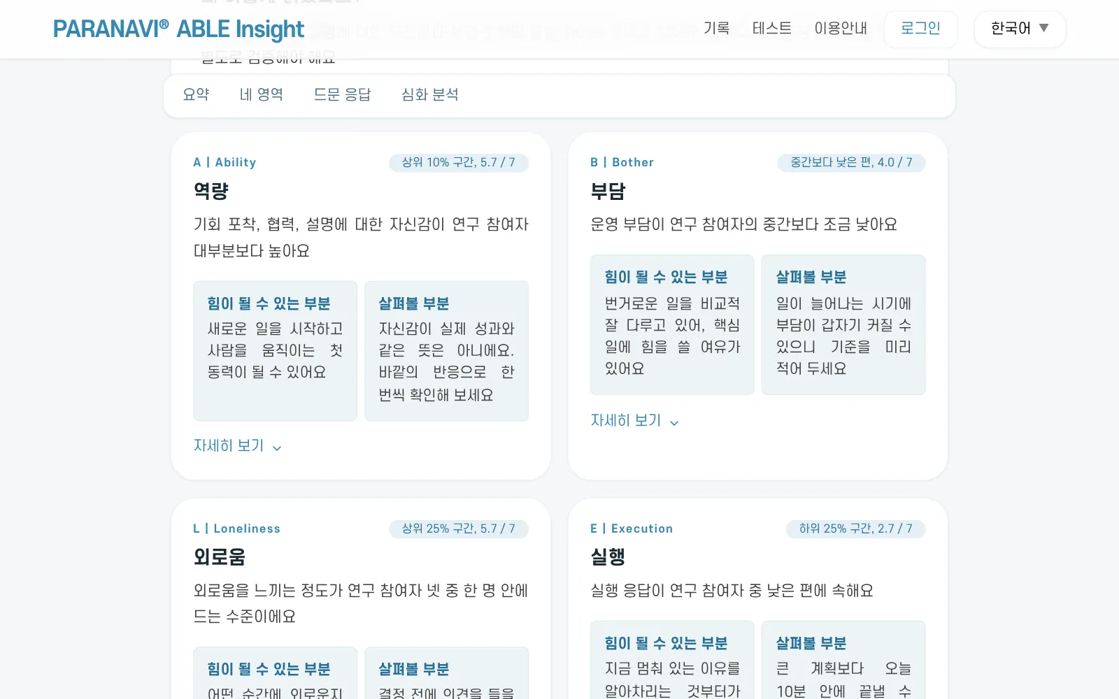 네 영역 카드. 구간과 해설, 힘이 될 수 있는 부분과 살펴볼 부분, 자세히 보기