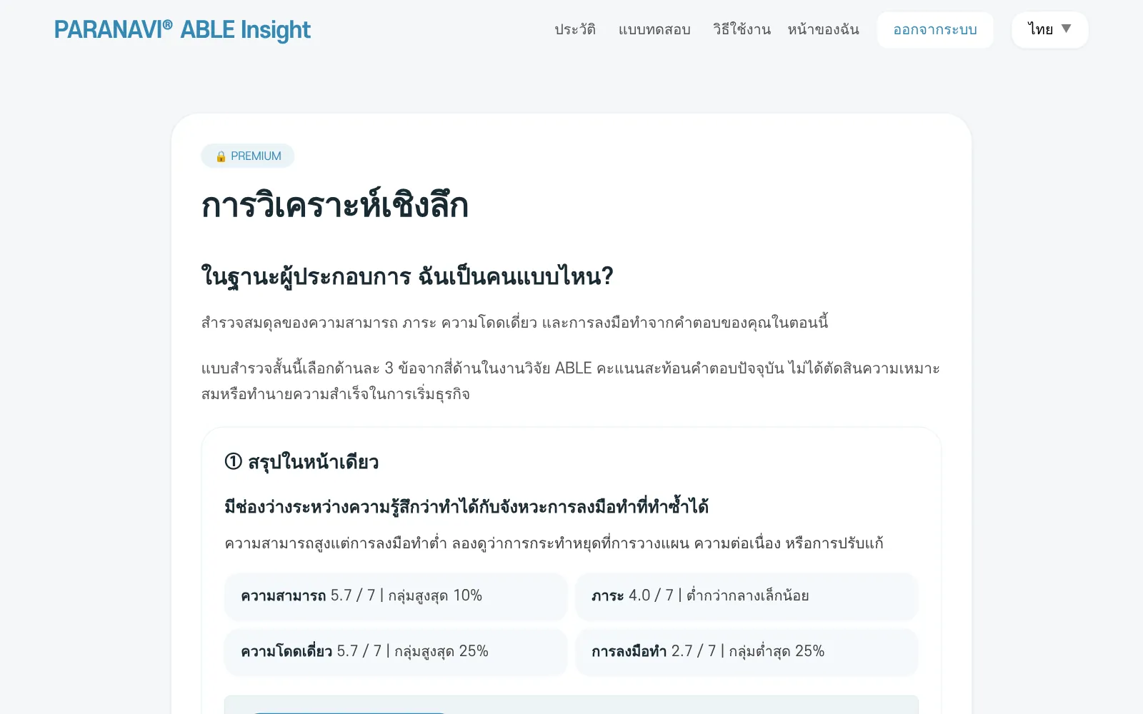 หน้าการวิเคราะห์เชิงลึก ส่วนสรุปในหน้าเดียว