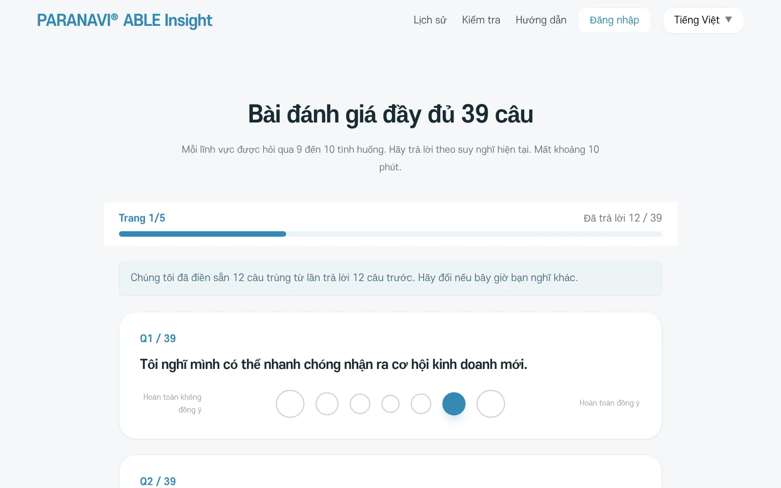 Màn hình bài đánh giá đầy đủ 39 câu. Trang 1/5, số câu đã trả lời và nút Lưu tạm