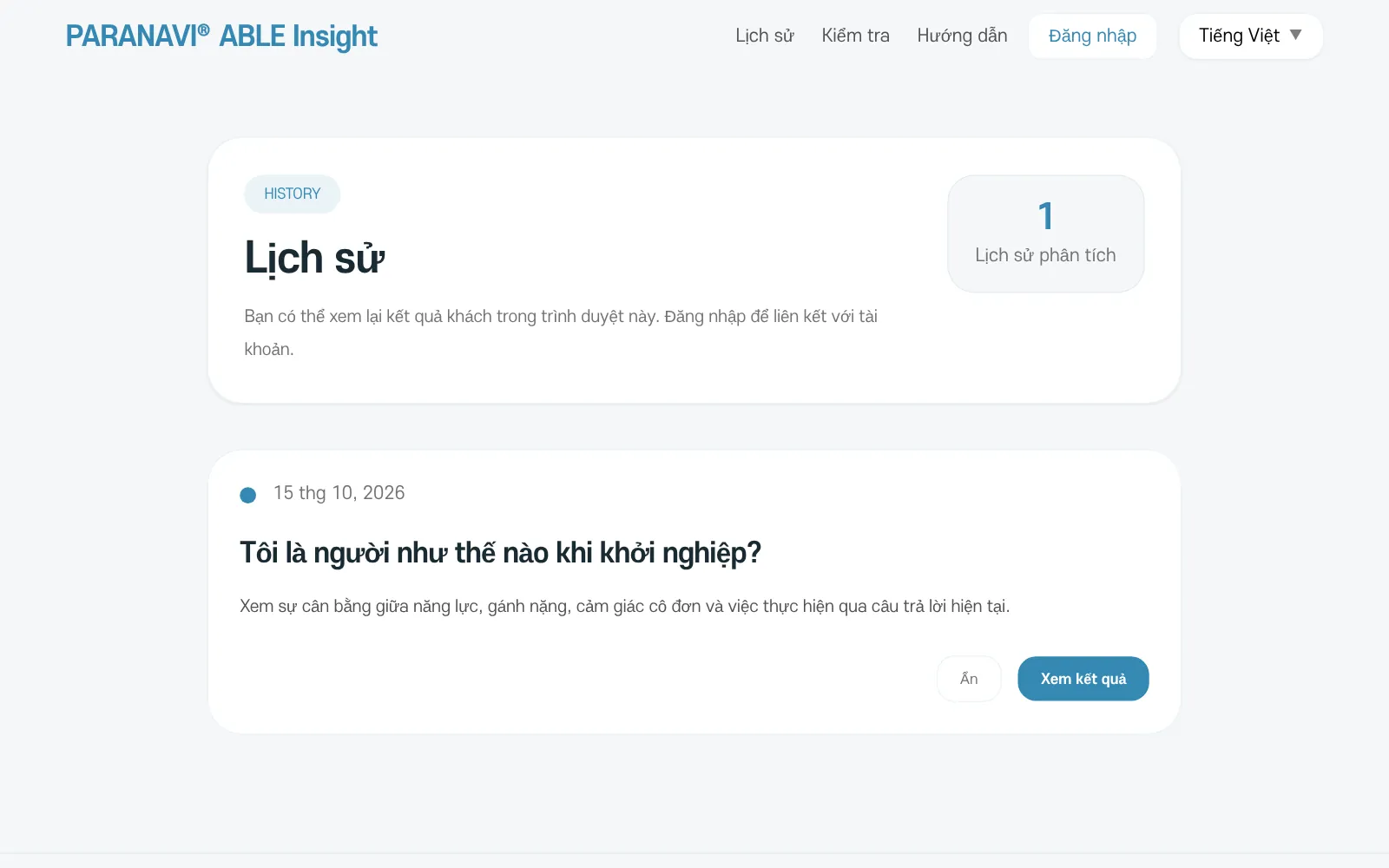 Màn hình lịch sử của khách, là danh sách kết quả đã xem trên cùng trình duyệt