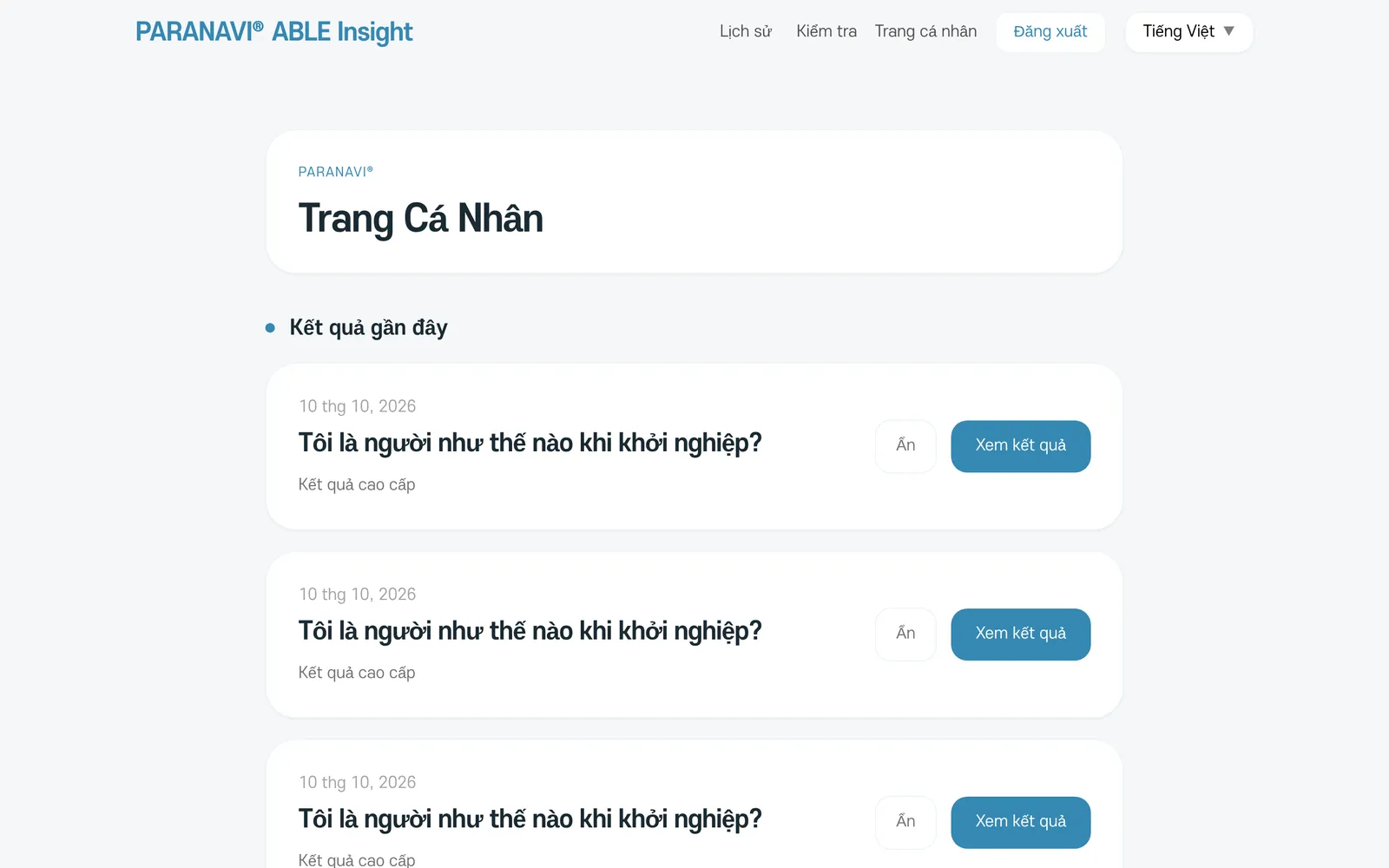 Trang cá nhân với Kết quả gần đây