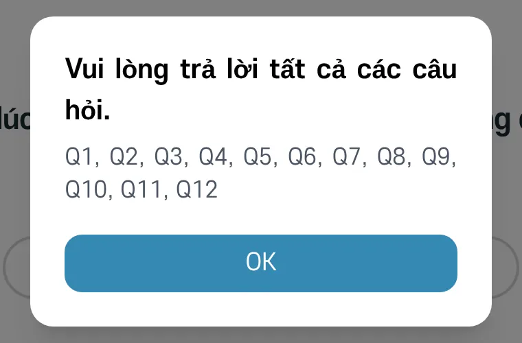 Hộp thông báo Vui lòng trả lời tất cả các câu hỏi, hiện số các câu chưa trả lời