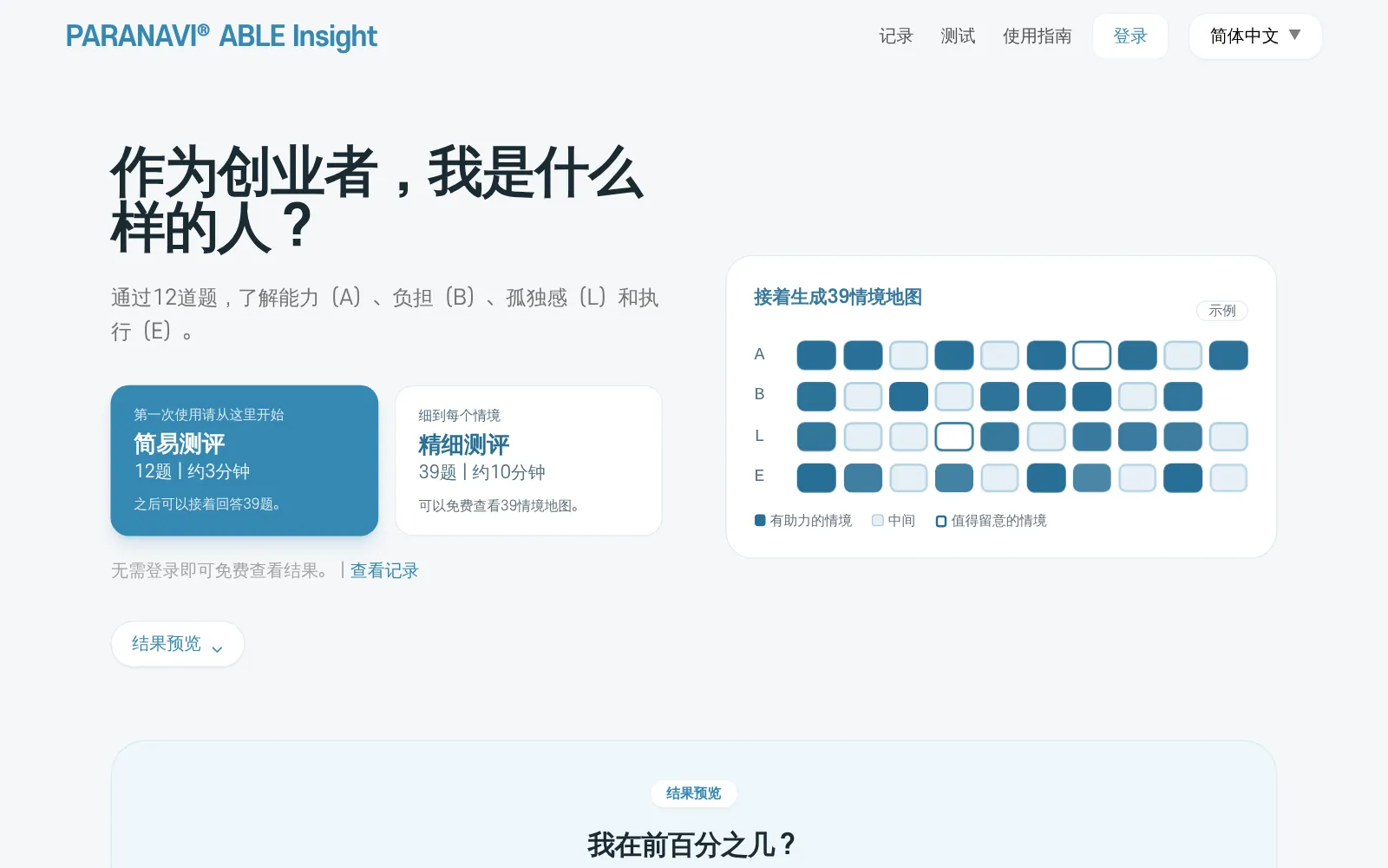 ABLE Insight 首页。简易测评和精细测评卡片,以及从12题延伸到39个情境的示例图