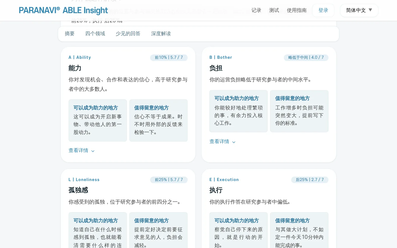 四个领域的卡片。区间和解读、可以成为助力的地方和值得留意的地方、查看详情